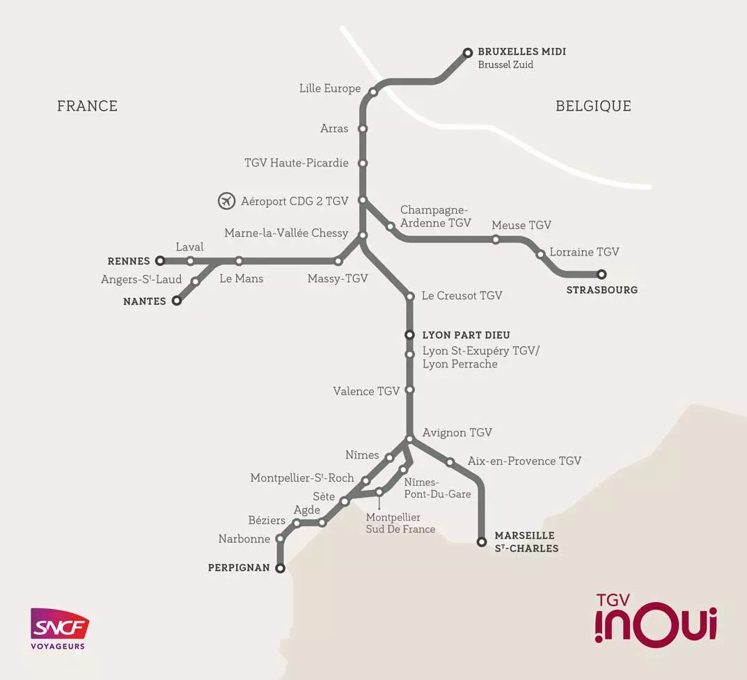 Carte des liaisons TGV INOUI vers Bruxelles