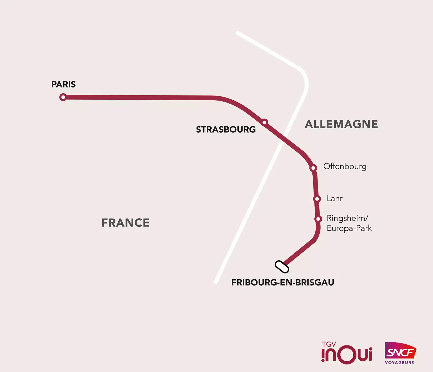 Carte des liaisons TGV INOUI vers l'Allemagne