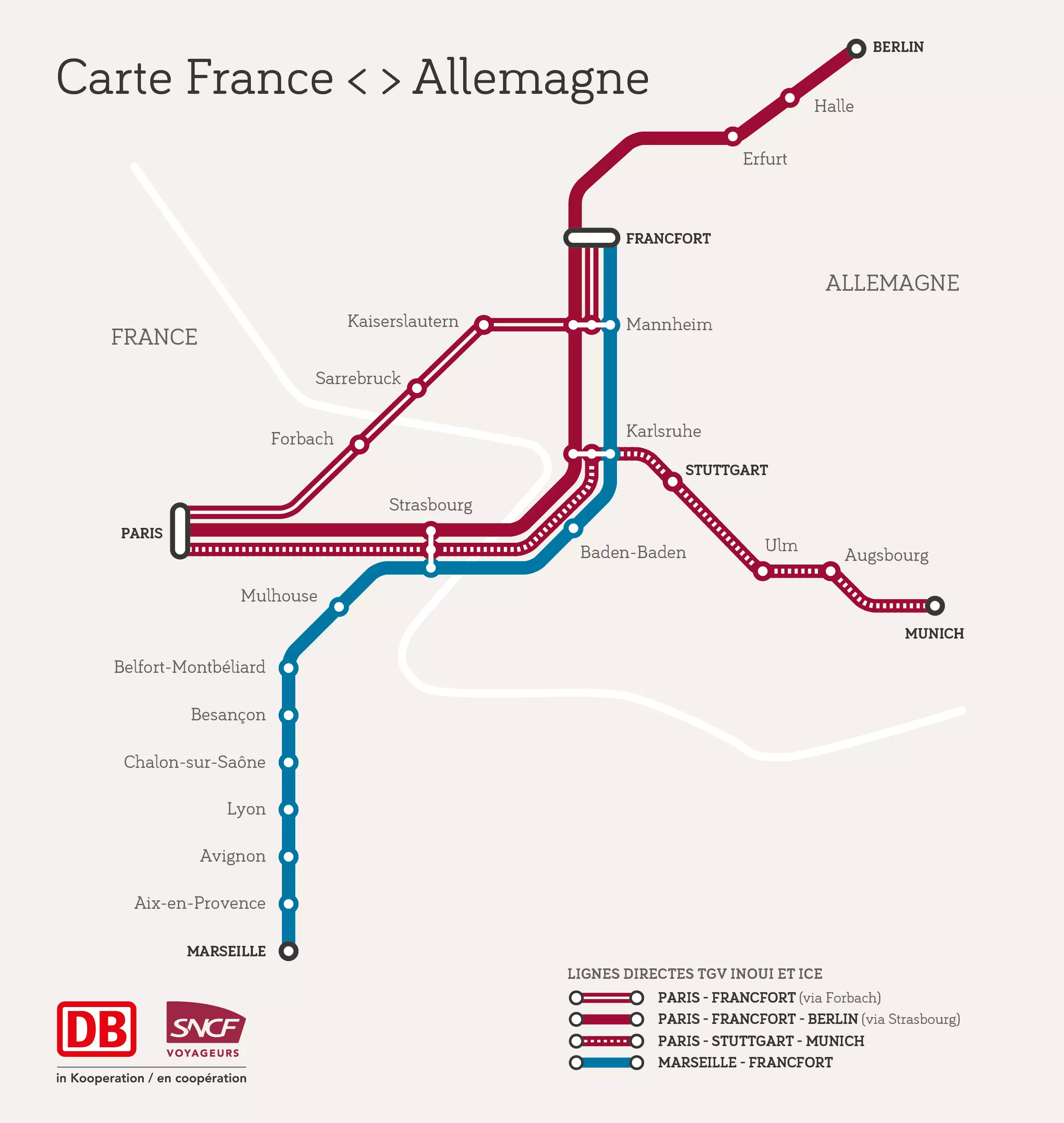 Carte des liaisons DB SNCF Voyageurs en coopération