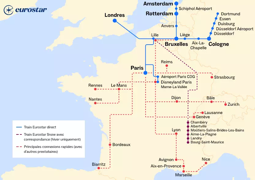 Carte des destinations Eurostar depuis la France