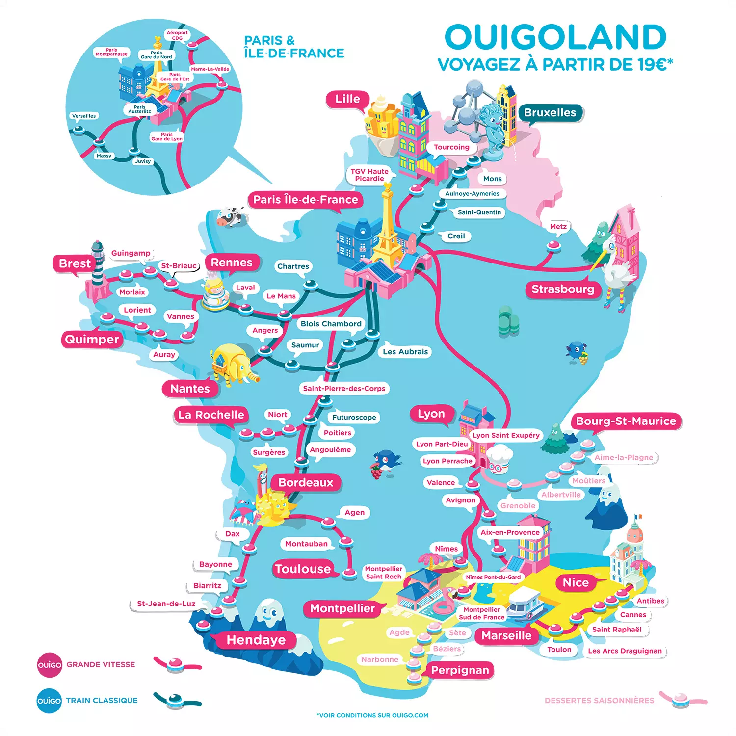 OUIGOLAND - carte du reseau OUIGO grande vitesse et Train Classique